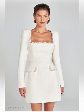 new Nadine Merabi Natalie pearl trim square neck long sleeve dress in Ivory